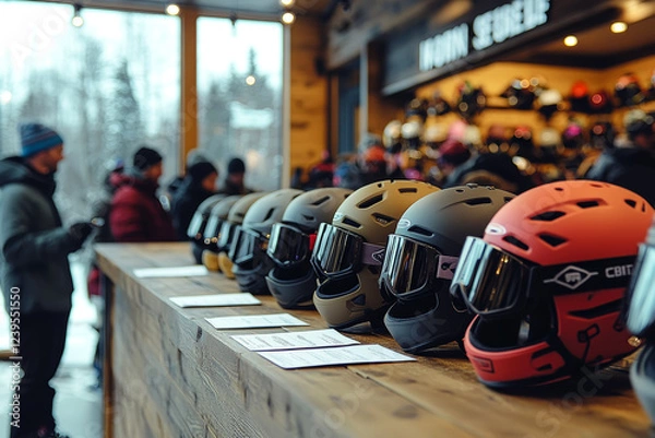 Fototapeta Ski helmets displayed in rental shop with customers filling forms in cozy winter setting.
