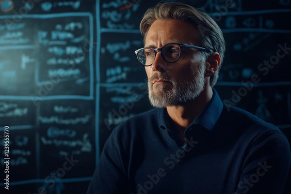 Fototapeta Thoughtful man reflected on ideas in front of a chalkboard filled with mathematical equations and diagrams during a late evening session