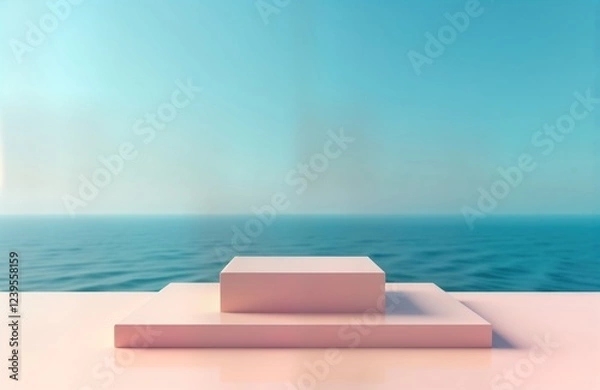 Fototapeta Minimalist product display platform against calm sea, sky background. Pastel shades create serene mood. Empty square pedestals perfect for products. Modern design with clean aesthetic. Excellent for