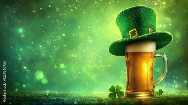 Fototapeta An irish leprechaun hat with a cold beer and shamrocks for St. Patrick's Day festivity