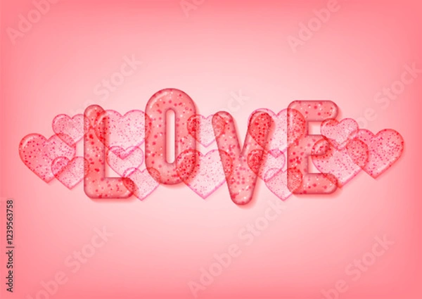 Obraz Love concept for Valentine's day celebration. Coral banner A2 with 3d transparent text love and hearts. Template for greeting cards, vouchers and sale banners. Vector illustration.