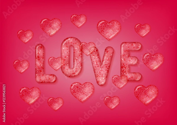 Obraz Love concept for Valentine's day celebration. Burgundy banner A2 with 3d transparent text love and hearts. Template for greeting cards, vouchers and sale banners. Vector illustration.