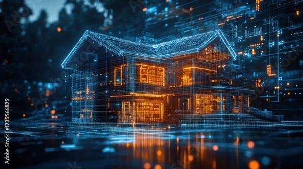 Fototapeta Futuristic smart home design with digital interface in neon blue and orange grid
