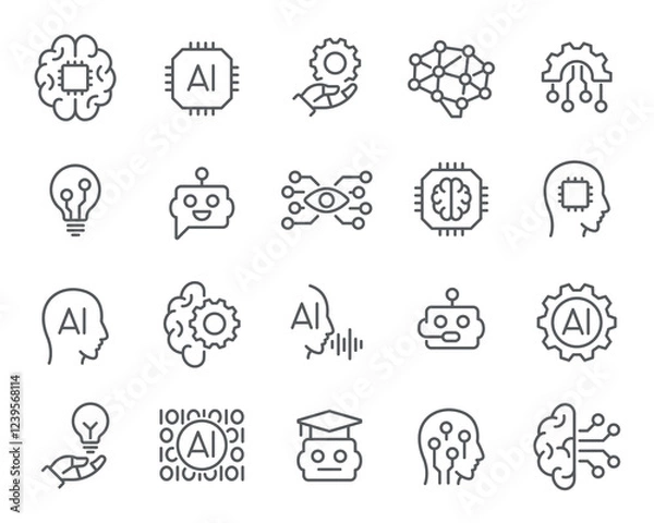 Fototapeta Artificial Intelligence Icons – A set of scalable AI themed icons. Features AI chips, robotic heads, machine learning, and automation symbols.