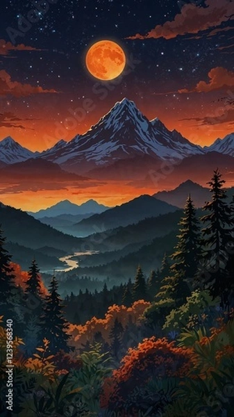 Obraz Crimson Moon Over Mountain Wilderness