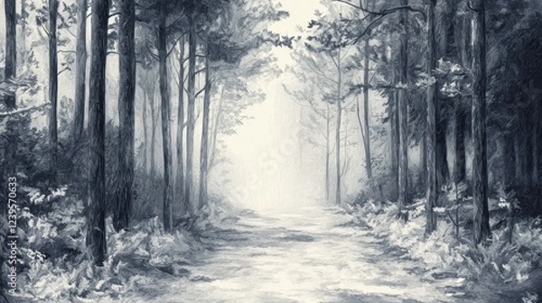 Fototapeta A dreamy forest pathway framed by towering pines and shrouded in silver mist, pencil sketch style, intricate shading, serene and contemplative