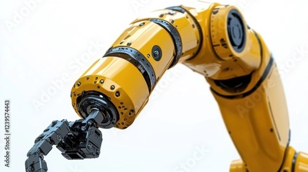 Fototapeta Yellow robotic arm in motion with mechanical claw on white background