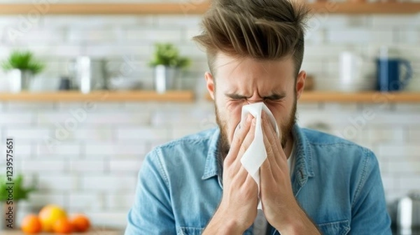 Obraz A man sneezes into a napkin at home, battling spring allergies with cat dander nearby, feeling the seasonal struggle grow.