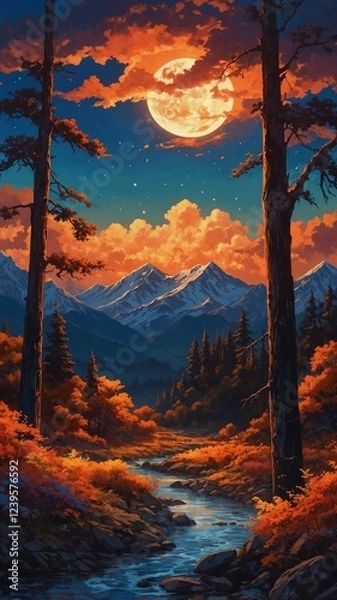 Obraz Moonlit River Through Autumn Forest