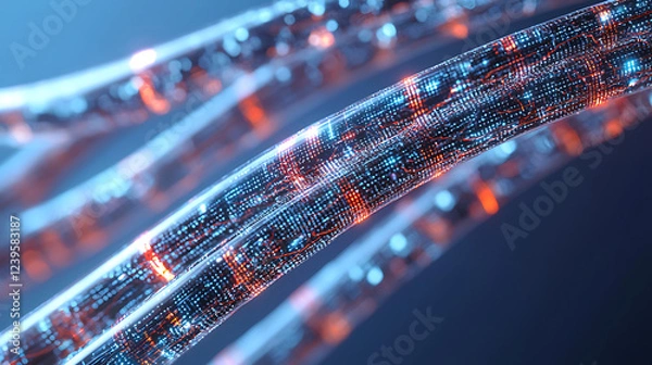 Fototapeta close up of fiber optic cable showcasing vibrant light patterns and advanced technology. intricate details highlight its modern design and