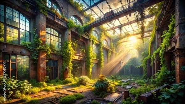 Obraz Abandoned Factory Overgrown with Nature: Urban Exploration Photography
