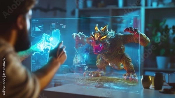 Fototapeta Man interacts with a holographic fantasy creature in augmented reality game