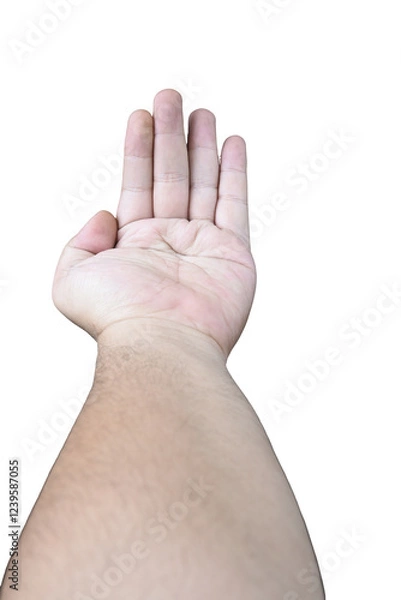 Fototapeta A singular human hand with fingers extended against stark black backdrop