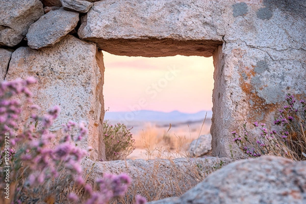 Fototapeta Sunset view framed by an ancient stone wall, wildflowers blooming in the foreground. A peaceful of nature's beauty.