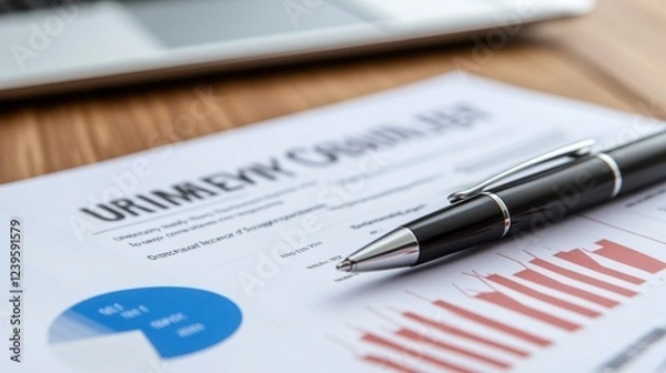 Fototapeta A business negotiation table with a laptop displaying financial reports, a pen, and printed contract documents.