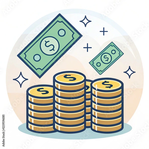 Fototapeta icon representing money, with stacked coins and floating notes, symbolizing financial transactions, AI generated