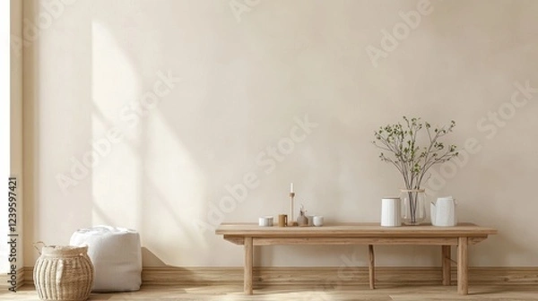 Fototapeta Minimalist Beige Room Interior Design with Wooden Table