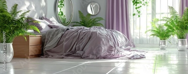 Obraz A peaceful bedroom setup with a bed covered in soft lilac and gray bedding