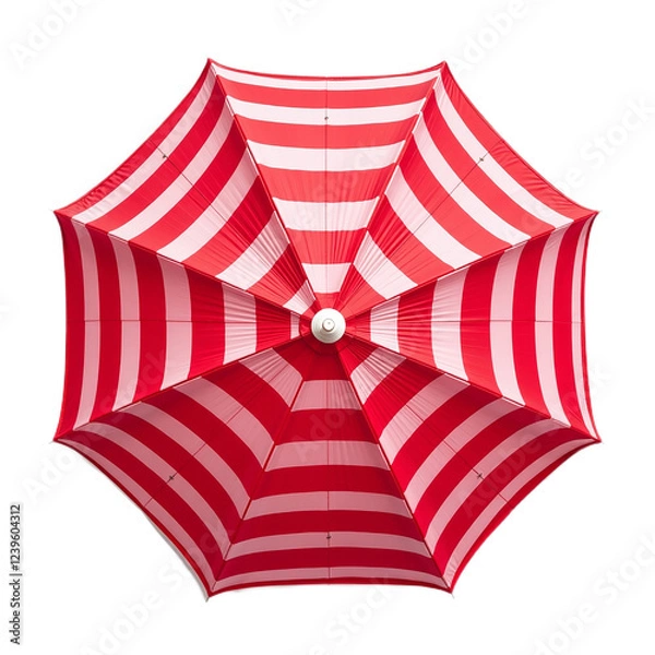 Fototapeta Overhead view of a red and white striped umbrella against a black background.