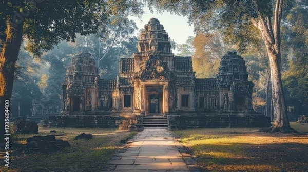 Fototapeta A Cambodian Angkor Wat-inspired temple house with sandstone structures