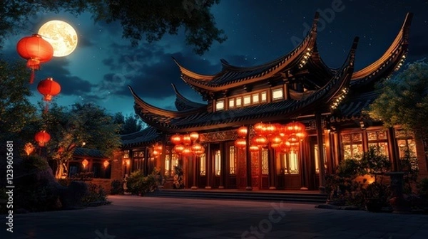 Fototapeta A Chinese pagoda-style temple house with red lanterns and curved roofs