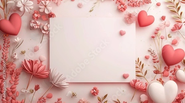 Fototapeta Valentine mockup card minimalist design. Romantic Hearts and Flowers Frame Design With Soft Pink Tones and White Space for Copy or Text.