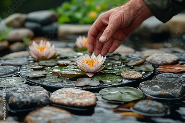 Fototapeta  Landscape designer adjusting water lilies for perfect garden pond aesthetics and creation of tranquil outdoor spaces
