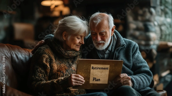 Obraz Photo of an elderly couple sitting together and looking at a 'Retirement Plan,' representing retirement planning, personal finance, and aging.
