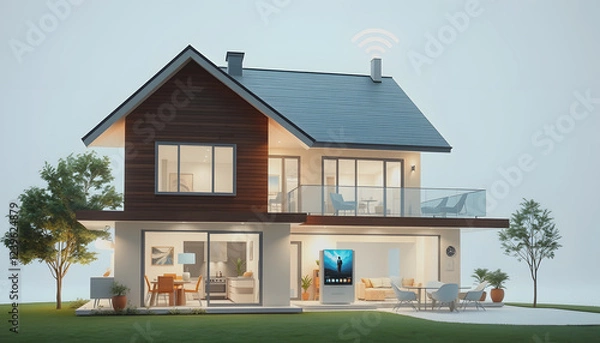 Fototapeta smart home - smarthome technology illustrated by . Modern two-story house equipped with Wi-Fi connectivity and smart appliances , with white tonespng