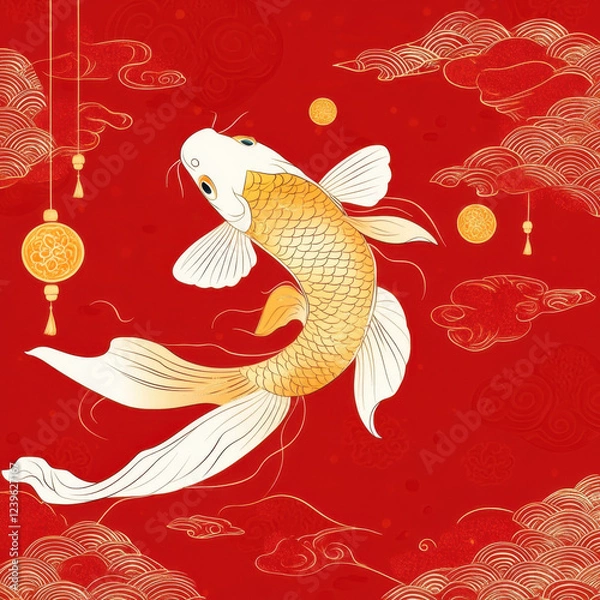Fototapeta Koi carp fish swimming gracefully on vibrant red background, symbolizing prosperity and good fortune