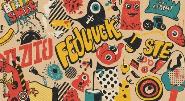 Fototapeta Colorful abstract graffiti collage with playful characters and bold text elements