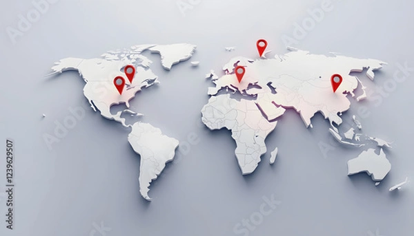 Fototapeta 3D web vector illustrations showcasing airplane trips around the world with travel pin locations on a global map , with white tonespng