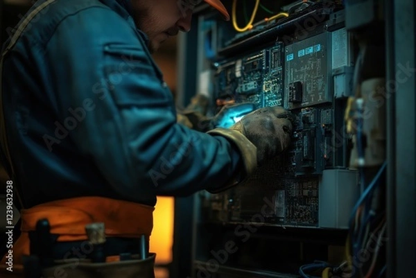 Fototapeta Skilled electrician repairing circuit board inside dimly lit electrical panel with flashlight