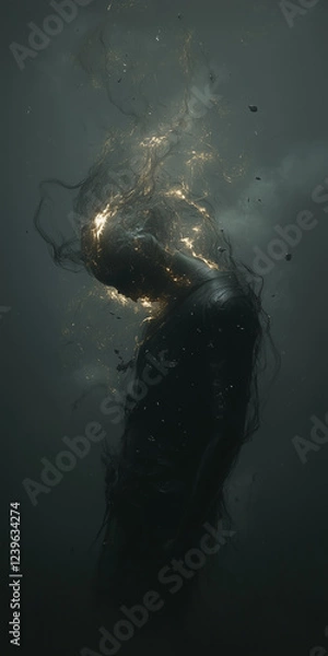 Fototapeta Dark abstract figure with glowing ethereal energy crown effect. Mysterious silhouette surrounded by luminous particles in moody atmosphere.