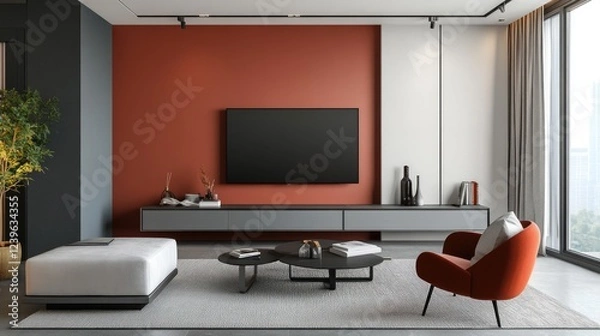 Fototapeta A contemporary living room with a two-tone color wall and sleek TV cabinet, creating an elegant yet minimalistic atmosphere.