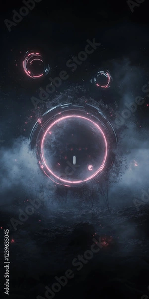 Fototapeta Futuristic neon ring portal floating in a dark stormy sky with glowing red accents. Sci-fi landscape with mysterious circular gateway amid dramatic clouds.