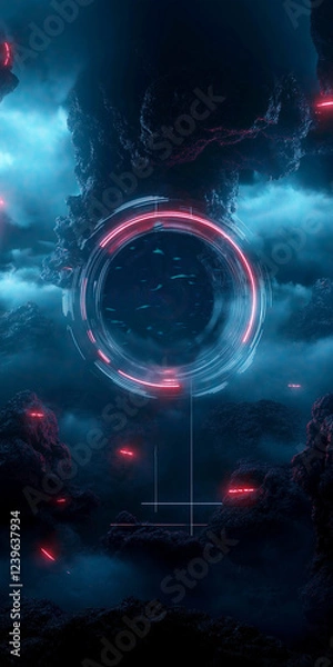 Fototapeta Futuristic neon ring portal floating in a dark stormy sky with glowing red accents. Sci-fi landscape with mysterious circular gateway amid dramatic clouds.