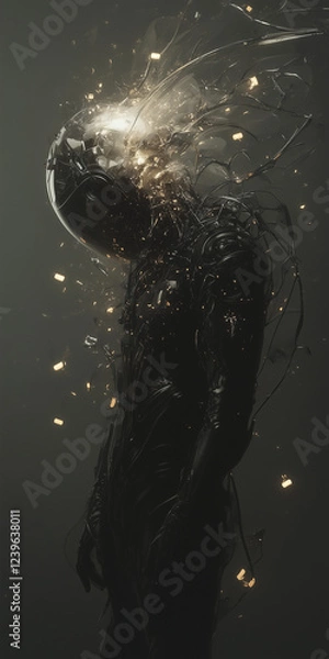 Fototapeta Dark silhouette astronaut space suit, exploding head, Conceptual representation of mind transformation or psychological breakdown.