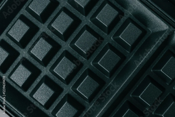 Fototapeta Close-up of a waffle maker's non-stick black grid surface. Detailed texture of the square grid pattern used for baking crispy waffles. High-quality kitchen appliance design for home cooking