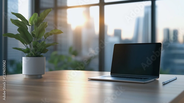 Fototapeta Laptop on Desk with City View: A minimalist workspace featuring a sleek laptop with blank screen rests on a wooden desk,  accompanied by a potted plant, and a  pen.