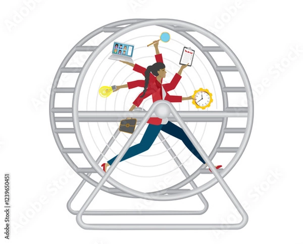 Obraz Multitasking woman running in hamster wheel. Streass and demands and risk for burnout. Isolated. Vector illustration.