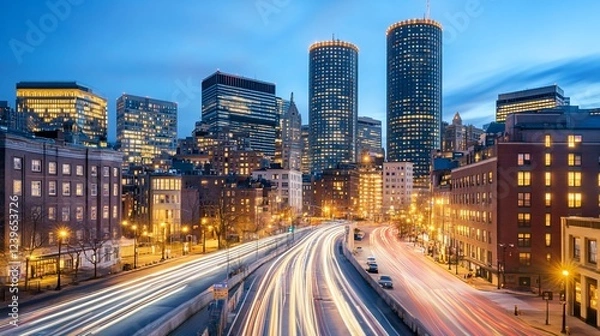 Fototapeta Boston cityscape at dusk with light trails and illuminated buildings creating urban rhythm