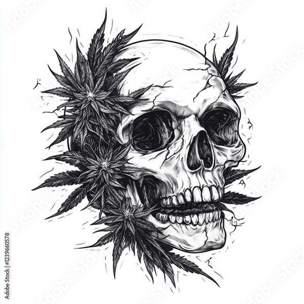 Fototapeta Skull with marijuana plants growing out of it, vector design for a t-shirt on a white background