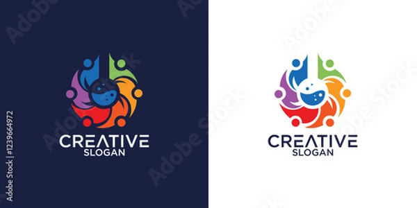 Fototapeta smart and creative kids logo, abstract people with beaker and colorful bubbles, science and education icon
