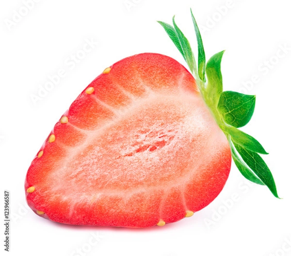 Fototapeta Perfectly retouched sliced strawberry with leaves isolated on the white background with clipping path