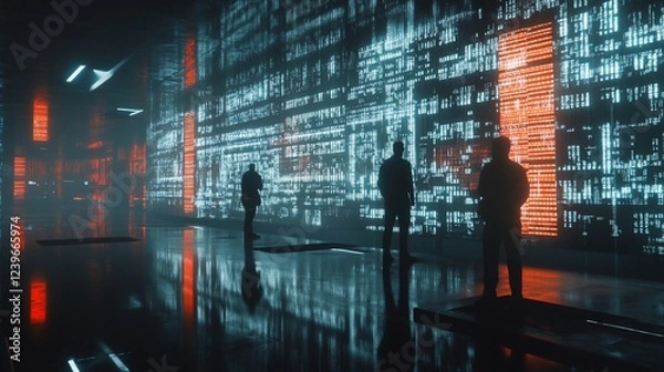 Fototapeta Silhouettes Observing a Digital Data Wall in a Futuristic Space