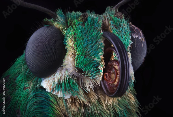 Fototapeta Portrait of green skipper butterfly from Dominicana through a microscope. Astraptes habana.