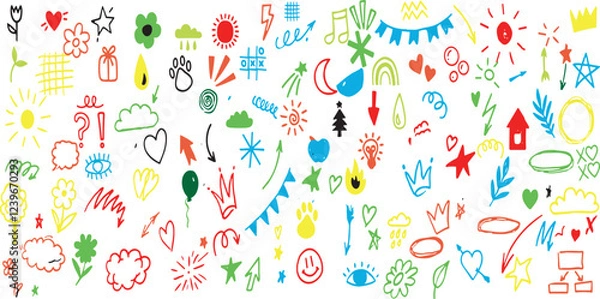 Fototapeta Cute kid scribble line flower, heart. rainbow background. Hand drawn doodle sketch childish element set.