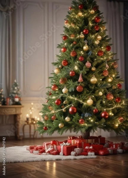 Fototapeta beautifully decorated Christmas tree background,  holiday decoration,  festive backdrop,  evergreen tree