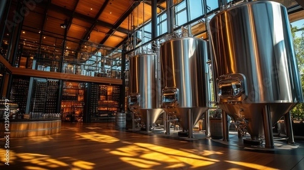 Fototapeta A large stainless steel fermentation tank in a modern winery, reflecting ambient light